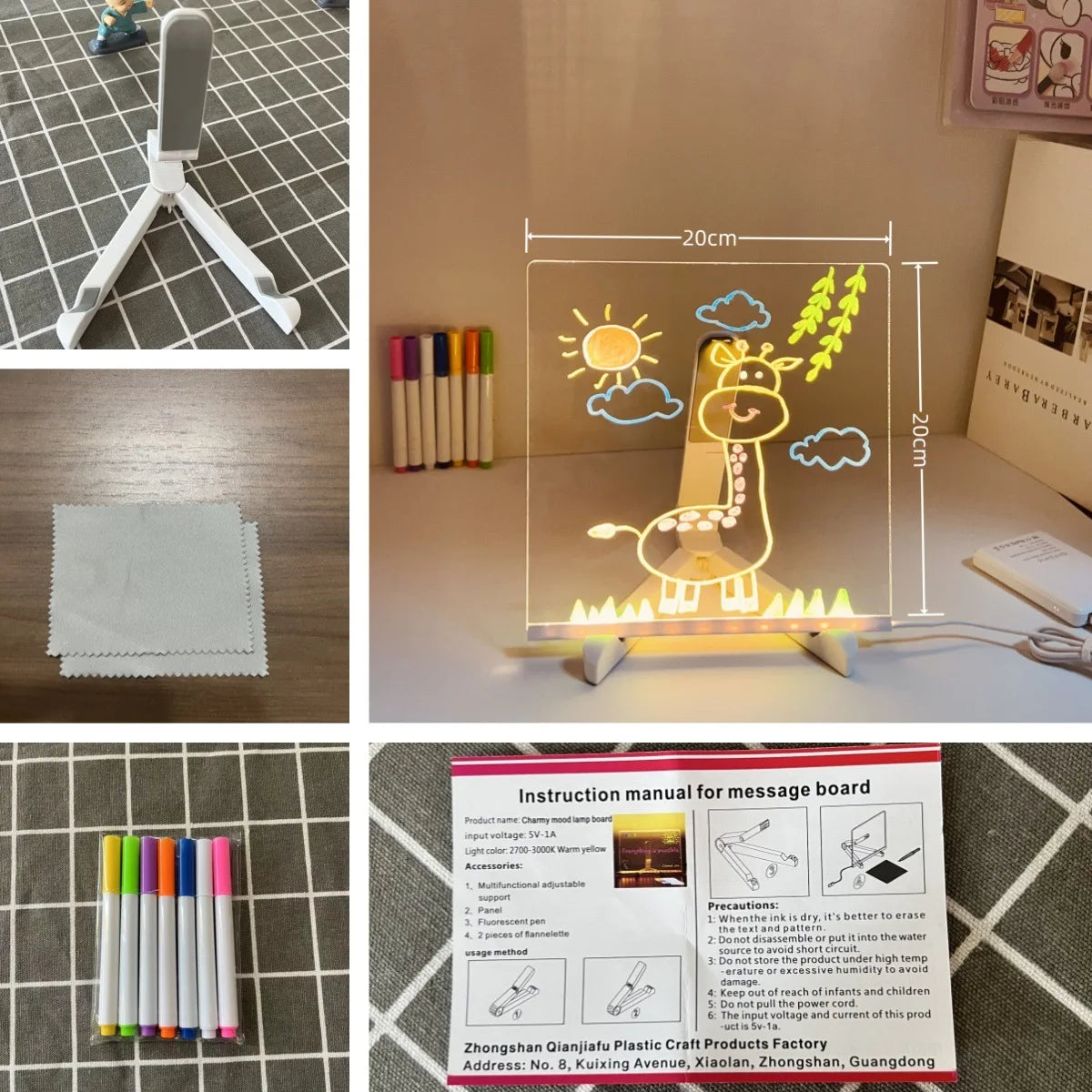 Drawing Diy LED Lamp Transparent Acrylic Message Note Board Engraving Erase Board with Light with 7xPens Painting Scratch