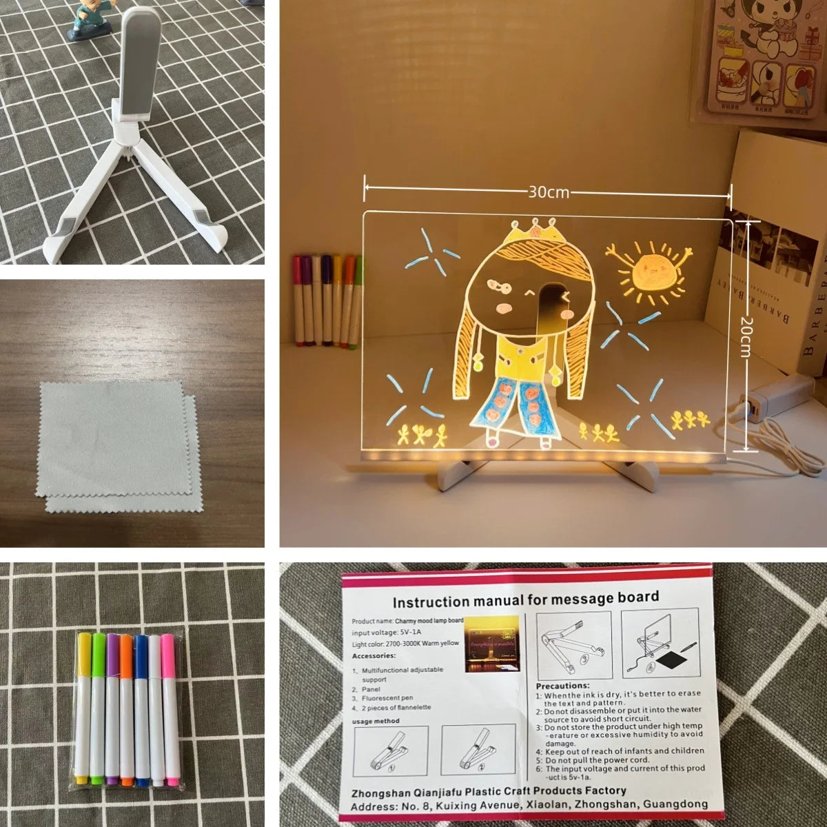 Drawing Diy LED Lamp Transparent Acrylic Message Note Board Engraving Erase Board with Light with 7xPens Painting Scratch