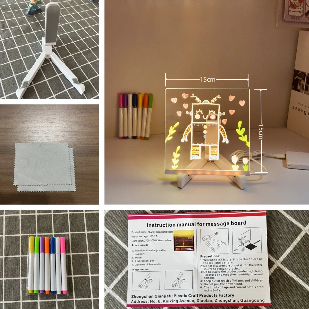 Drawing Diy LED Lamp Transparent Acrylic Message Note Board Engraving Erase Board with Light with 7xPens Painting Scratch