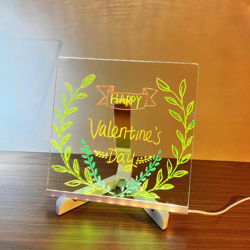 Drawing Diy LED Lamp Transparent Acrylic Message Note Board Engraving Erase Board with Light with 7xPens Painting Scratch