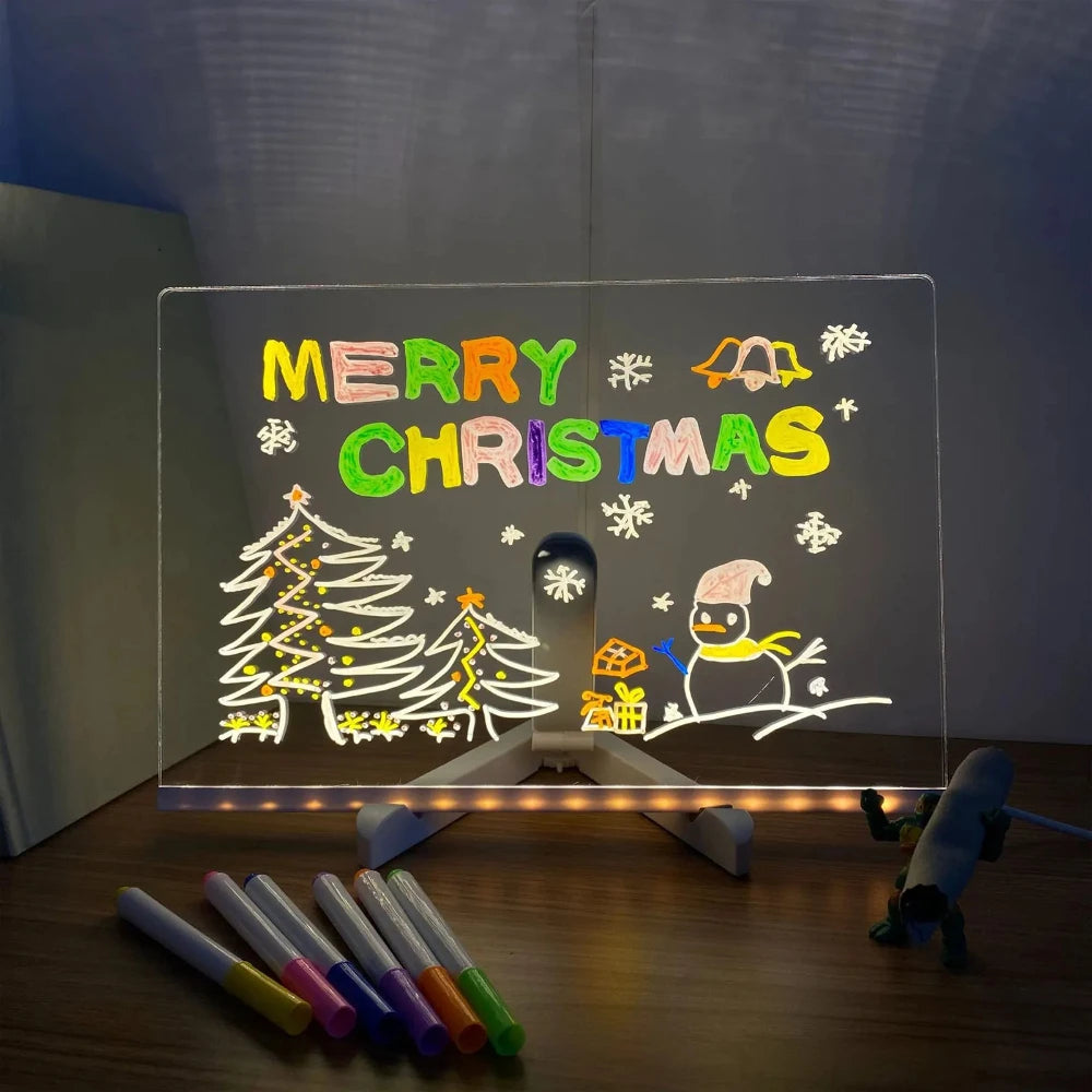 Drawing Diy LED Lamp Transparent Acrylic Message Note Board Engraving Erase Board with Light with 7xPens Painting Scratch