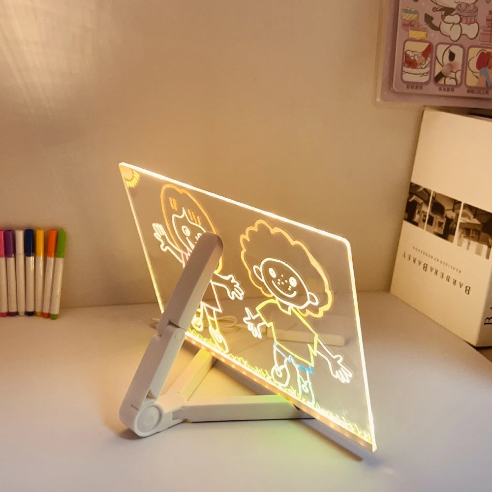 Drawing Diy LED Lamp Transparent Acrylic Message Note Board Engraving Erase Board with Light with 7xPens Painting Scratch
